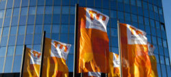 Photo: Messe Düsseldorf flags in front of trade fair entrance