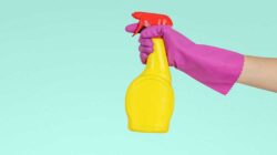 An arm with a hand in a rubber glove is holding a spray bottle.